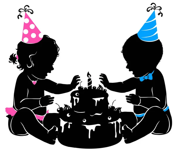 Gêmeos de bebê silhueta com bolo de aniversário com vela — Vetor de Stock