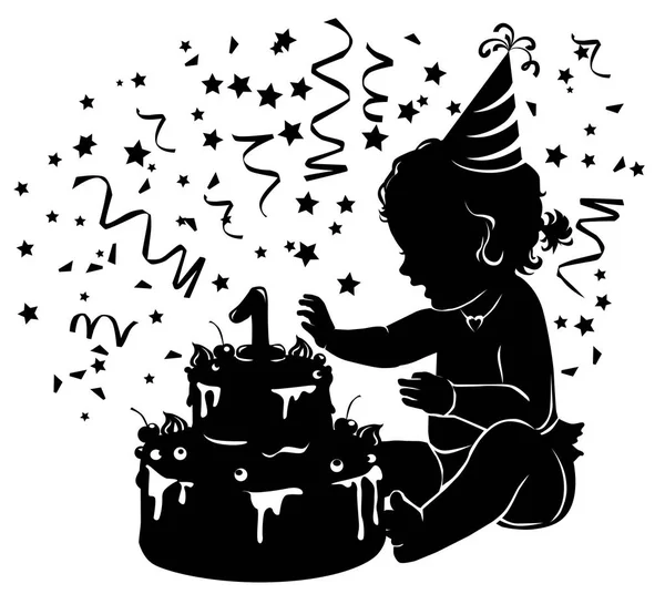 Meisje van de baby van de silhouet met de cake van de kindverjaardag met kaars figuur 1 — Stockvector