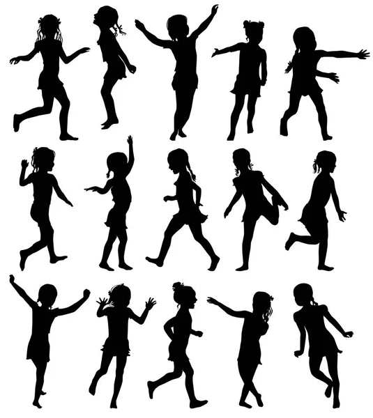 Set silhouettes filles heureuses sauter et courir — Image vectorielle