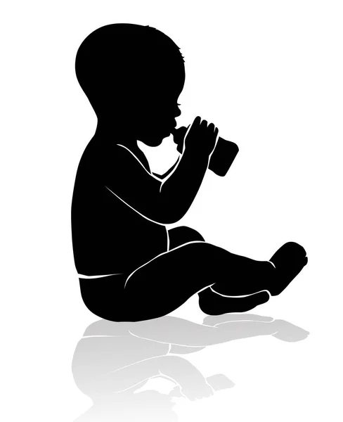 Silhouette baby sitting drinking from baby bottle — Stock Vector