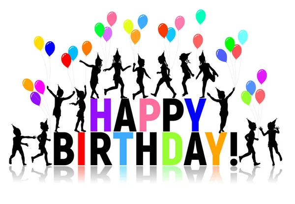 Silhuetas letras crianças coloridas balões de feliz aniversário — Vetor de Stock