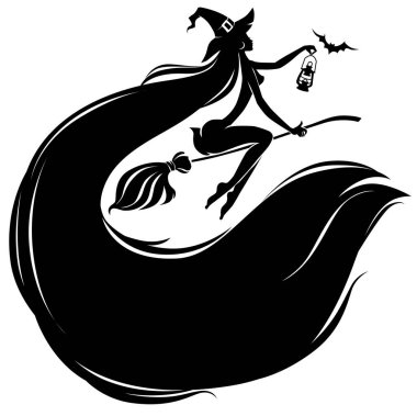 Süpürge sopası üzerinde güzel cadı siluet.