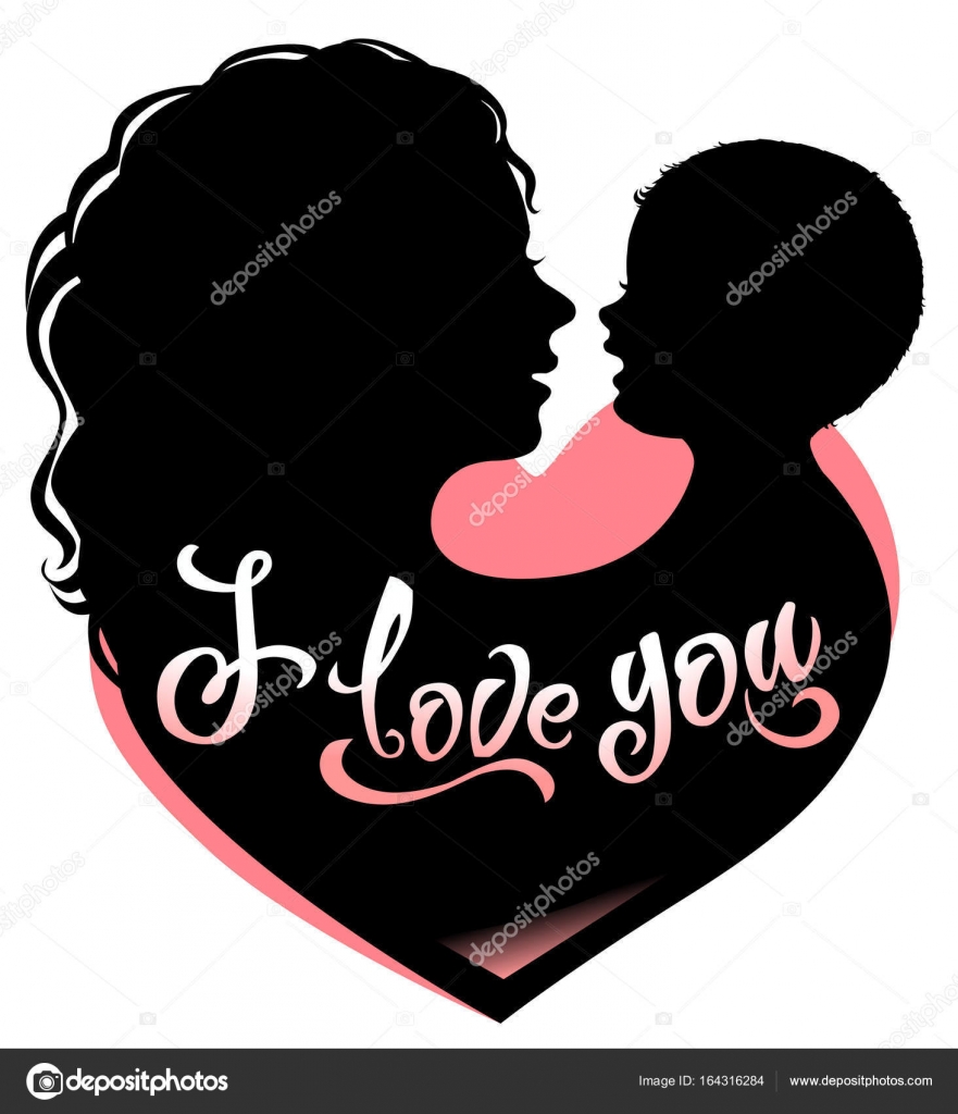 Silhouette mother and baby with heart and lettering I love you ...