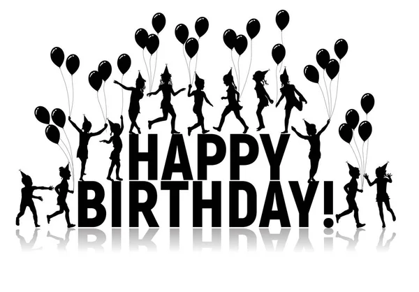 Siluetas letras y niños con globos feliz cumpleaños — Vector de stock