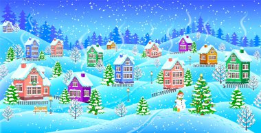 Kardan adam ve Noel t kış manzarası ile irtifa evler