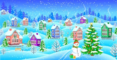 Kış manzarası ile irtifa kardan adam Noel ağaç evleri 