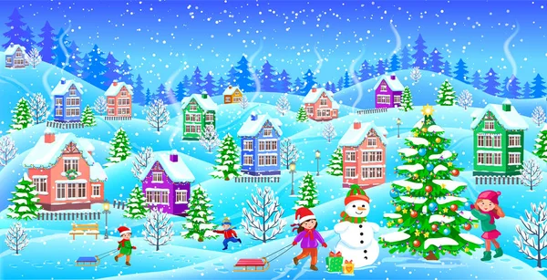 Paisaje de invierno con casas cubiertas de nieve muñeco de nieve árbol de Navidad — Vector de stock