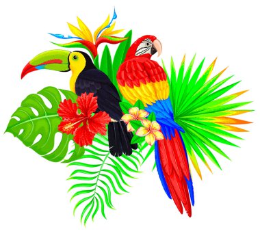 Papağan toucan palmiye ağacı ve flo parlak tropikal kompozisyonu