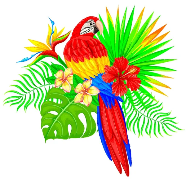 Bright tropical composition with parrot palm tree and flowers — Stock Vector