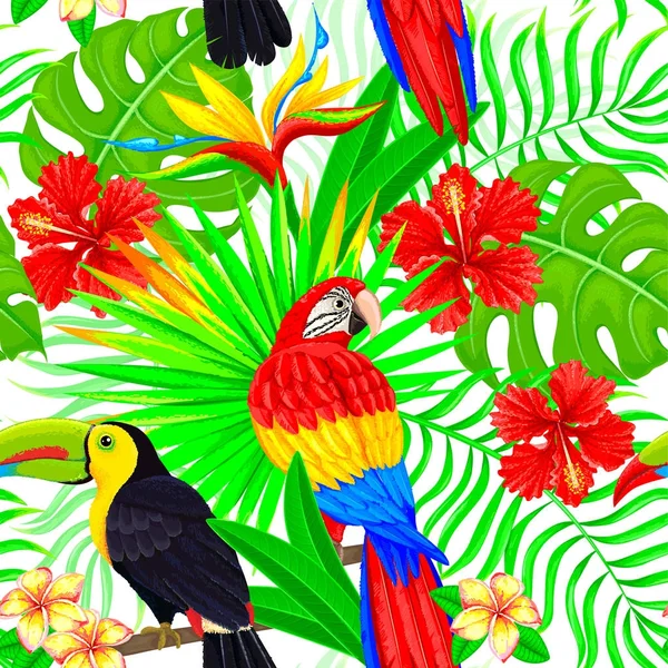 Patrón inconsútil de hojas y flores de aves tropicales — Archivo Imágenes Vectoriales