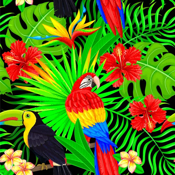 Modèle sans couture de feuilles et de fleurs d'oiseaux tropicaux sur noir — Image vectorielle