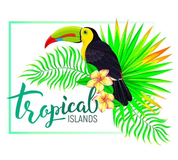 Tropical island composition with toucan leaves flowers — Stock Vector