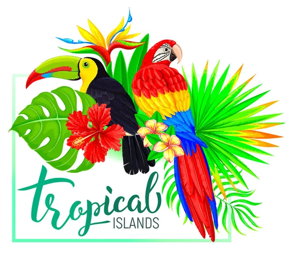Tropical island composition with toucan parrot leaves flowers — Stock Vector