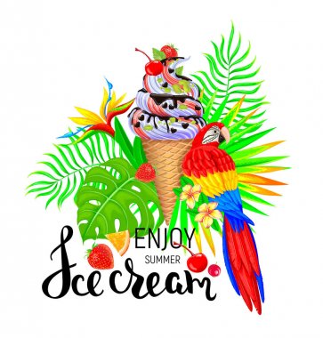 Yaz dondurma, papağan ve çiçek tadını çıkarın.
