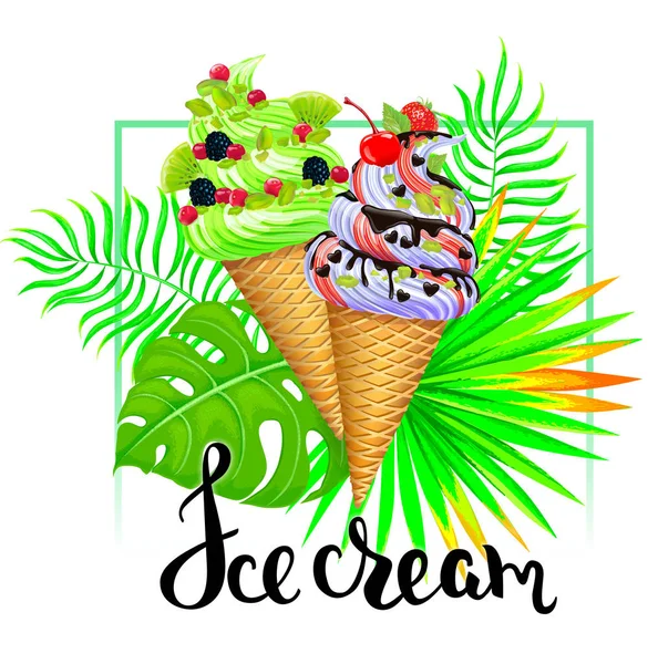 Composición Helado Con Hojas Tropicales Sobre Blanco — Vector de stock