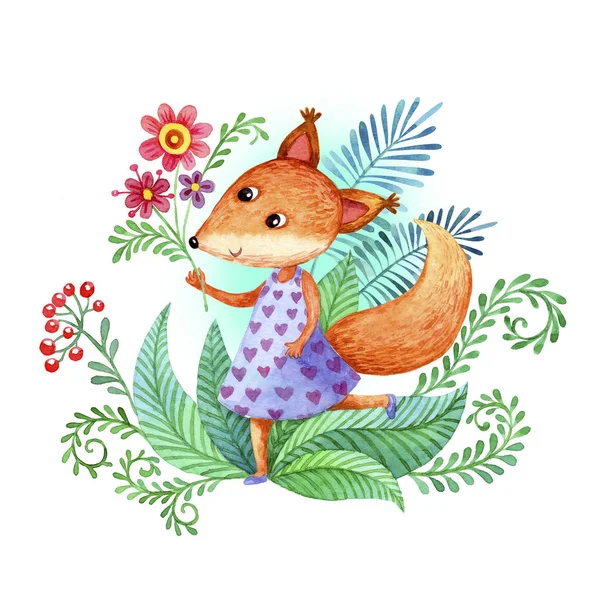 Cute squirrel with flowers watercolor drawing — Stock Photo, Image