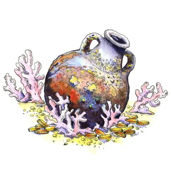 古壶、 双耳瓶、 硬币、 珊瑚，孤立。水下景观。水彩插图 — 图库照片