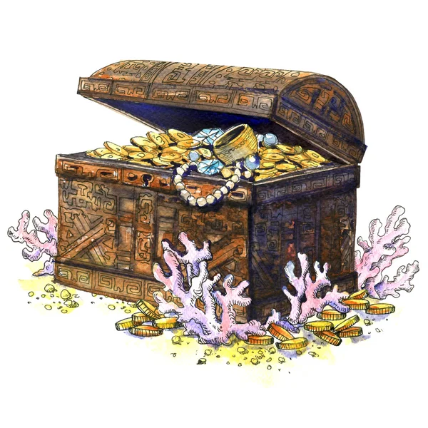 Antike Schatztruhe, Münzen, Schmuck, isoliert. Unterwasserlandschaft. Aquarellillustration — Stockfoto