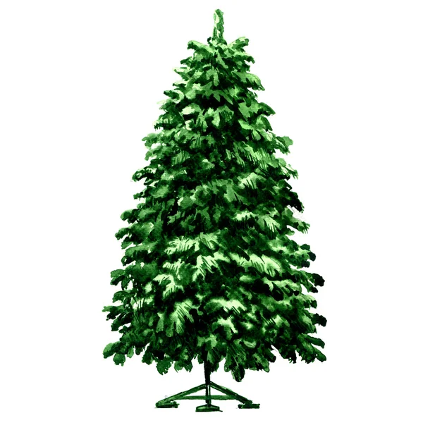 Christmas green fir tree on metal stand isolated, watercolor illustration — Stock Photo, Image