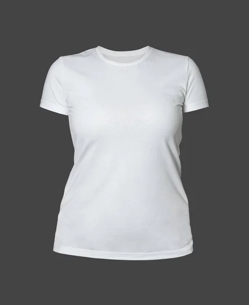 T-shirt branca das mulheres isolado, vista frontal, fundo cinza — Fotografia de Stock