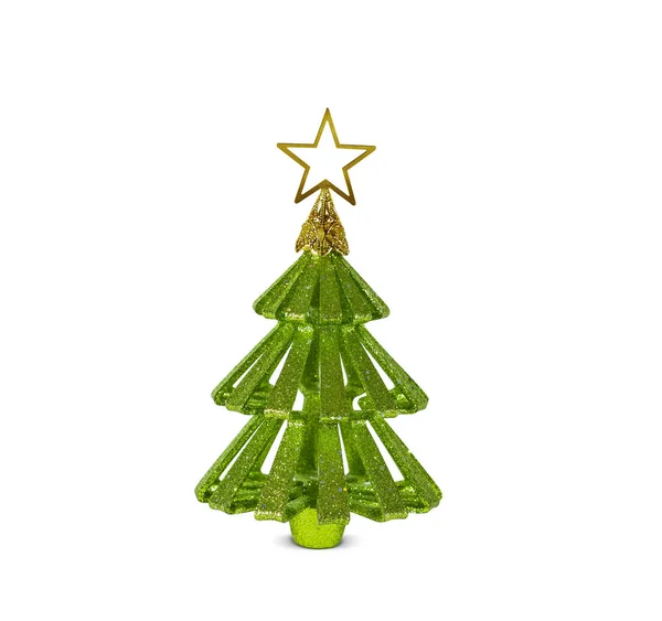 分離された黄金の星飾りと小さなクリスマス ツリーの緑グッズ — ストック写真