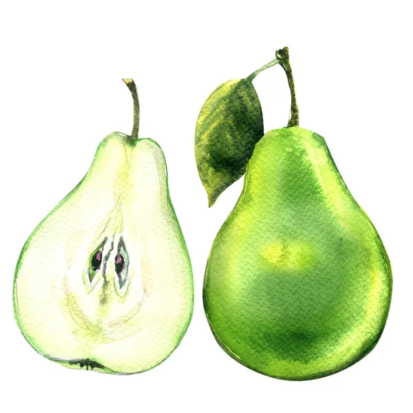 Färsk hel och skivad halv gröna päron isolerad på vit — Stockfoto
