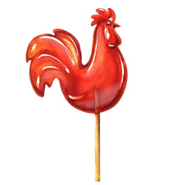 Kırmızı tatlı horoz, horoz, lolipop izole, Stick, suluboya resim