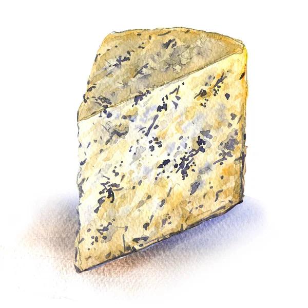 Голубой сыр, горгонзола, ломтик, изолированный крупный план, акварельная иллюстрация на белом — стоковое фото