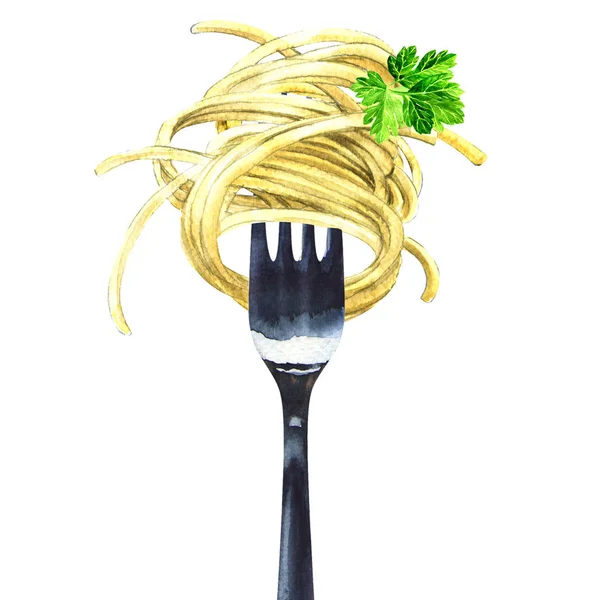 Fourchette avec spaghettis, nouilles, pâtes, persil vert, isolée, aquarelle illustration — Photo