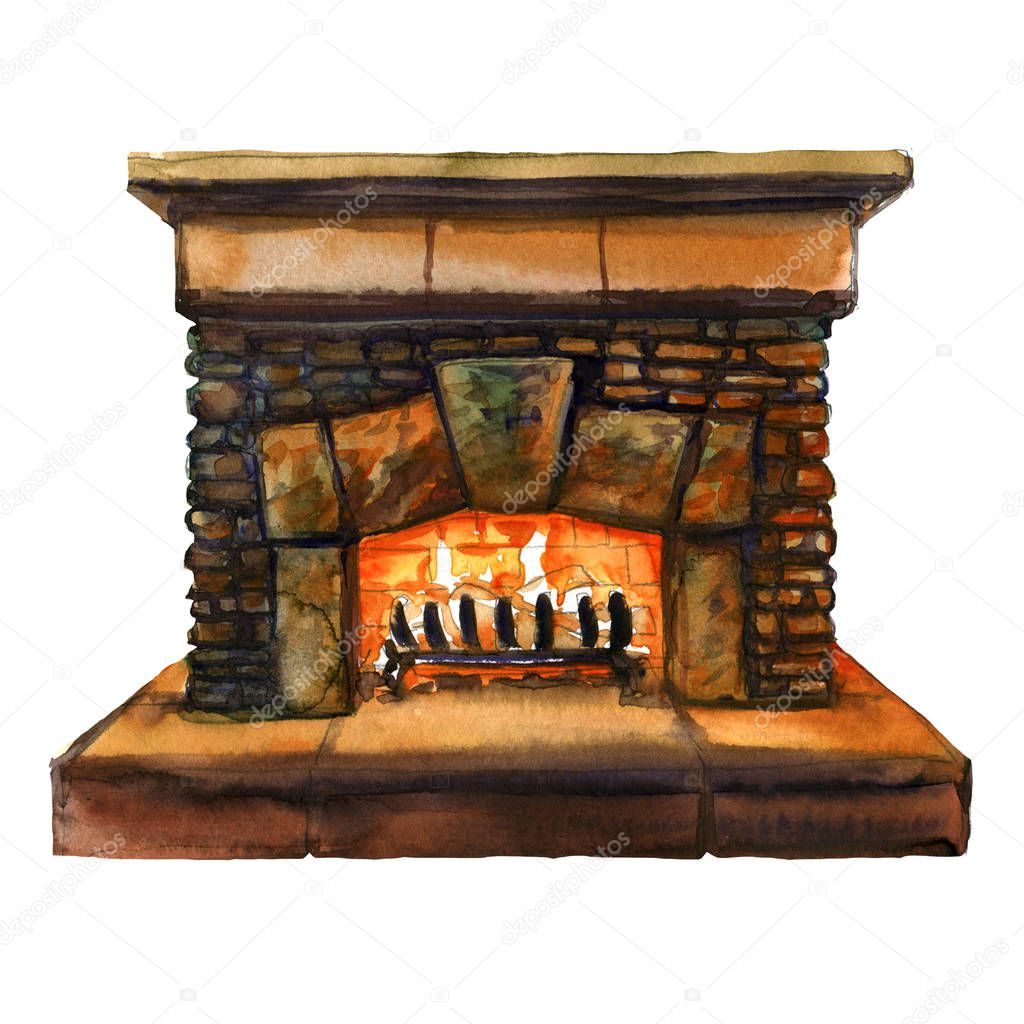 Stone bricks home family fireplace with flame, hearth with burning fire, watercolor illustration