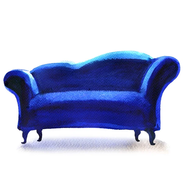 Kék kanapé, kényelmes kanapén, elszigetelt, akvarell illusztráció, fehér — Stock Fotó