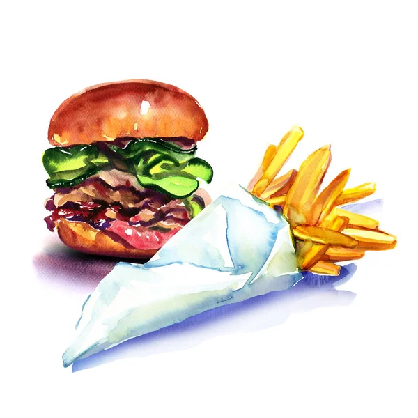 快餐食品、 美味的汉堡、 汉堡，薯条，炸土豆，纸袋，孤立，水彩插图 — 图库照片