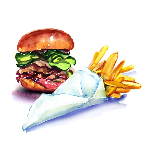 Fast food, lezzetli burger, hamburger ve kızarmış patates, kızarmış patates, kağıt torba, suluboya illüstrasyon izole,
