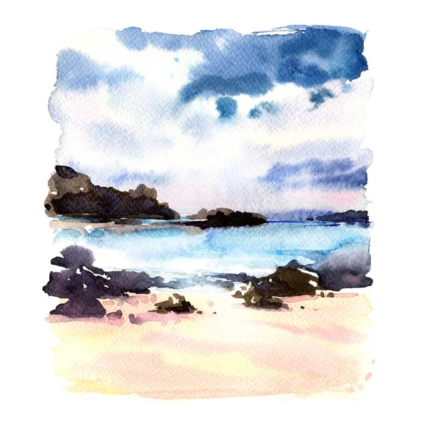 Beautiful tropical beach with rocks in the water, seascape, sea landscape, , watercolor illustration — Stock Photo, Image