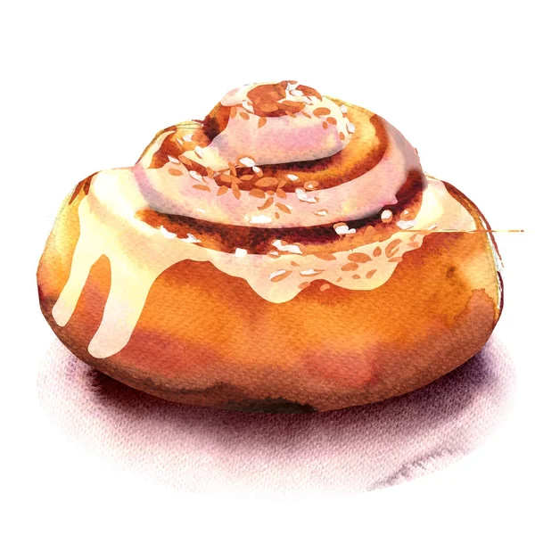 Rouleaux de cannelle maison frais, pain sucré, dessert isolé, illustration aquarelle sur blanc — Photo