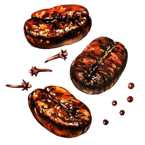 Färska rostade kaffebönor med krydda, peppar och kryddnejlika, isolerad, akvarell illustration på vit — Stockfoto