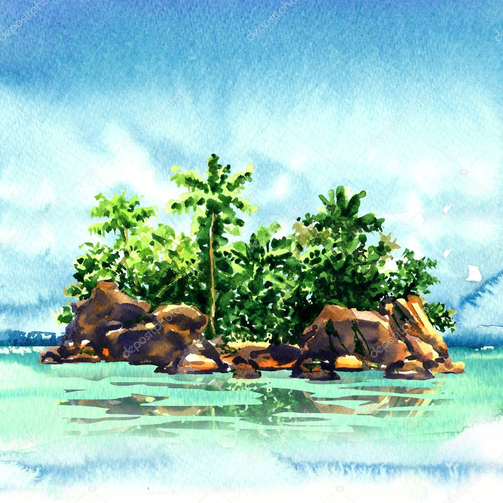 Amazing tropical island with palm trees, rocks from the sea, Maldivian atoll in ocean, panorama, watercolor illustration