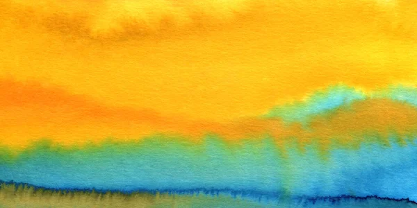 Όμορφη πολύχρωμη ακουαρέλα υφή φωτεινό φόντο, κίτρινο, πορτοκαλί, μπλε χρώμα, σύγχρονη ακουαρέλα αφηρημένη ζωγραφική, οριζόντια πανό, ζωγραφισμένα στο χέρι ακουαρέλα εικόνα, σύγχρονη τέχνη — Φωτογραφία Αρχείου