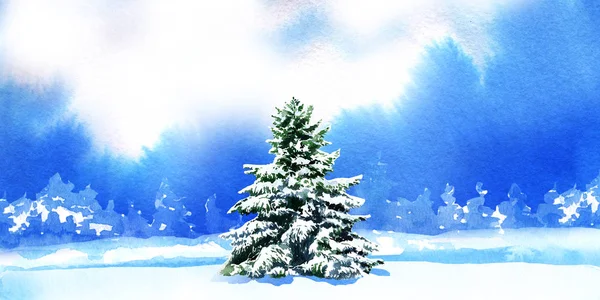 Tall träd i snön på bakgrunden med snöiga gran träd, handritad akvarell illustration, julkort — Stockfoto