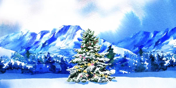 Albero di pino nella neve sullo sfondo invernale con abeti innevati e montagne, disegno ad acquerello disegnato a mano, biglietto di Natale, paesaggio — Foto Stock