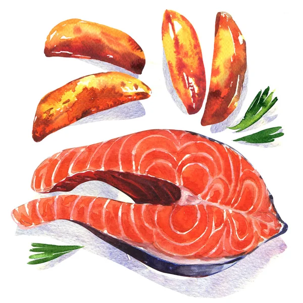 Salmon steak red fish with fresh baked potato wedges with herbs, close-up, isolated, hand drawn watercolor illustration on white — Stock Photo, Image