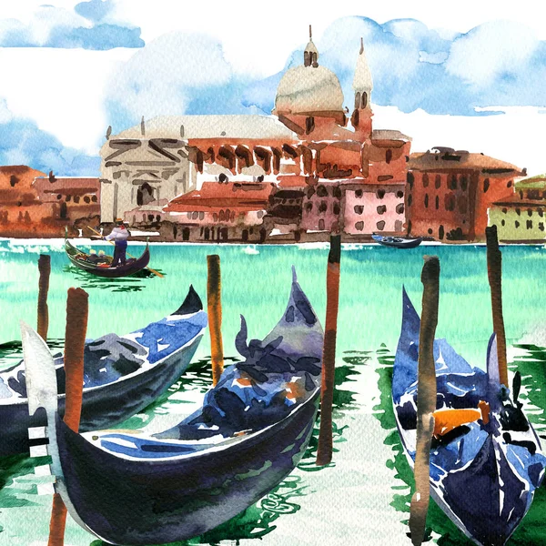 Stadsgezicht van Venetië met verankerde gondels aan het Grote Kanaal in historisch Venetië, Venezia, Italië, Europa, toeristische attractie, zonnige dag met bewolking, met de hand getekend aquarel illustratie — Stockfoto