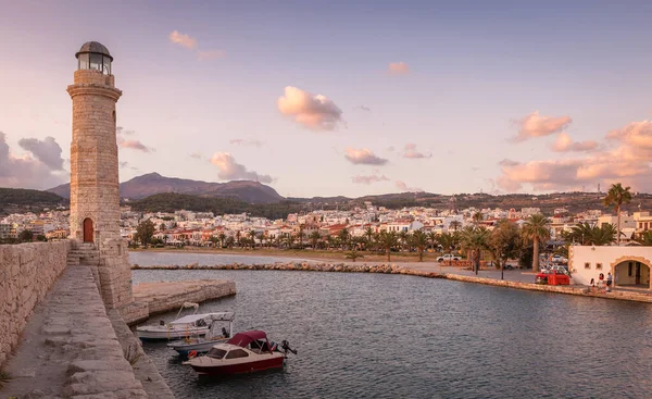 Faro Del Puerto Veneciano Amanecer Bajo Nubes Colores Rethymno Creta Imágenes de stock libres de derechos