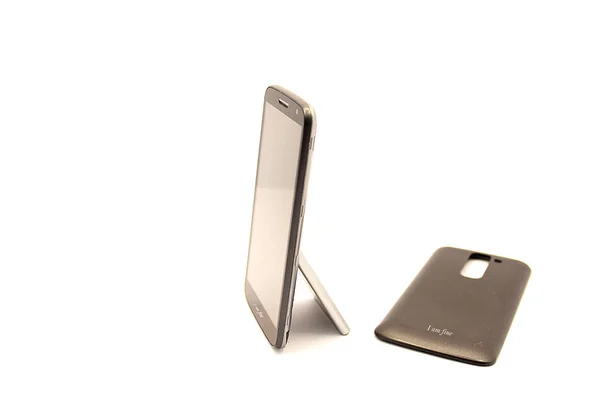 Battery Supports Smartphone Open Cover Isolated White Background — 스톡 사진