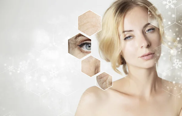 Grijs gekleurde banner voor beauty product met vrouw gezicht portret — Stockfoto