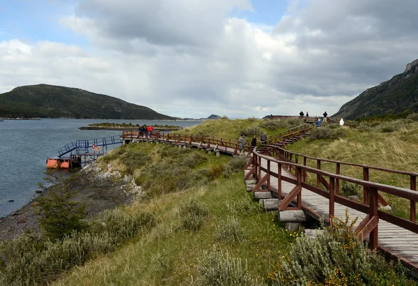 Τουρίστες με το κόλπο του Lapataia για το εθνικό πάρκο της Tierra del Fuego. — Φωτογραφία Αρχείου