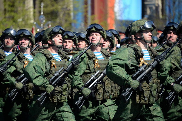  Paratroopers of the 331st guards airborne regiment in Kostroma at the dress rehearsal of parade on red square in honor of Victory Day.