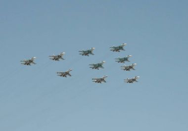  A group of SU-34, SU-27 and SU-35 during a rehearsal of the parade dedicated to the 72nd anniversary of the Victory in the great Patriotic war. clipart