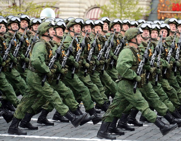 Paratroopers of the 331st guards airborne regiment in Kostroma during the parade on red square in honor of Victory Day.