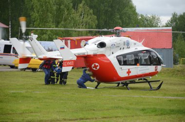  Helicopter emergency medical aid EU-145 on the range of Noginsk rescue center EMERCOM of Russia at the International Salon 